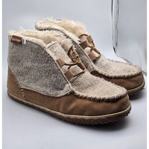 Minnetonka Women's Torrey 10 Tan Knit Suede Moccasin Ankle Boots Faux Fur Lined
